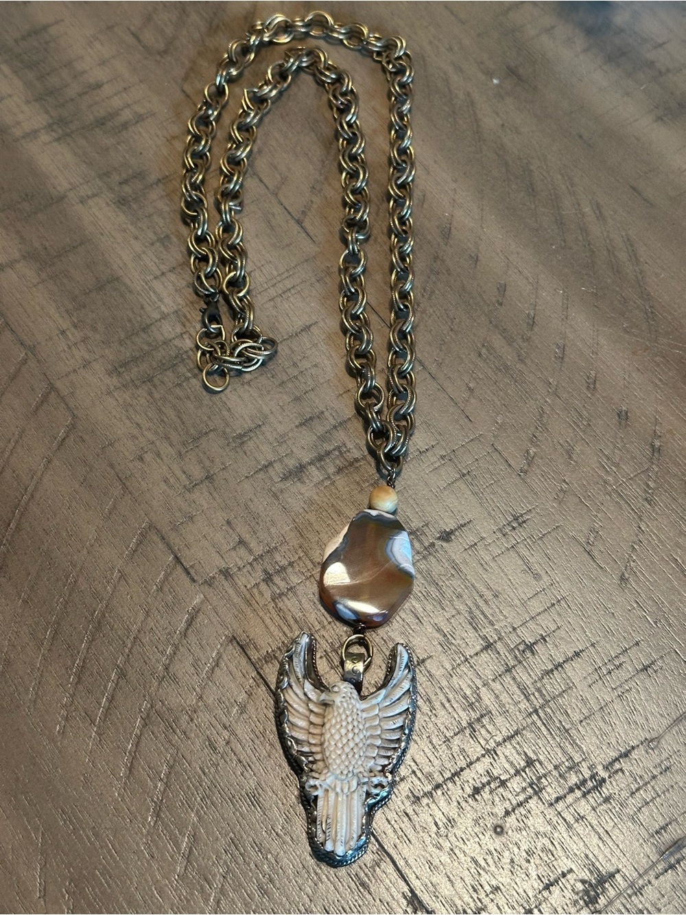 Eagle Pendant Necklace with Agate Accent - Ivory & Brass Tones - Picture 2 of 3